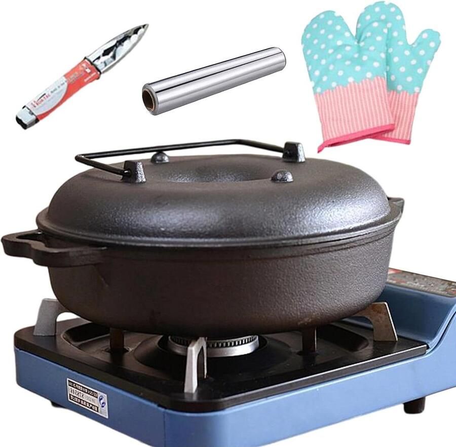 Braadpan Gietijzer Kookpan Deksel Bakken Grillen Gelijkmatige Warmte 305 cm Zwart