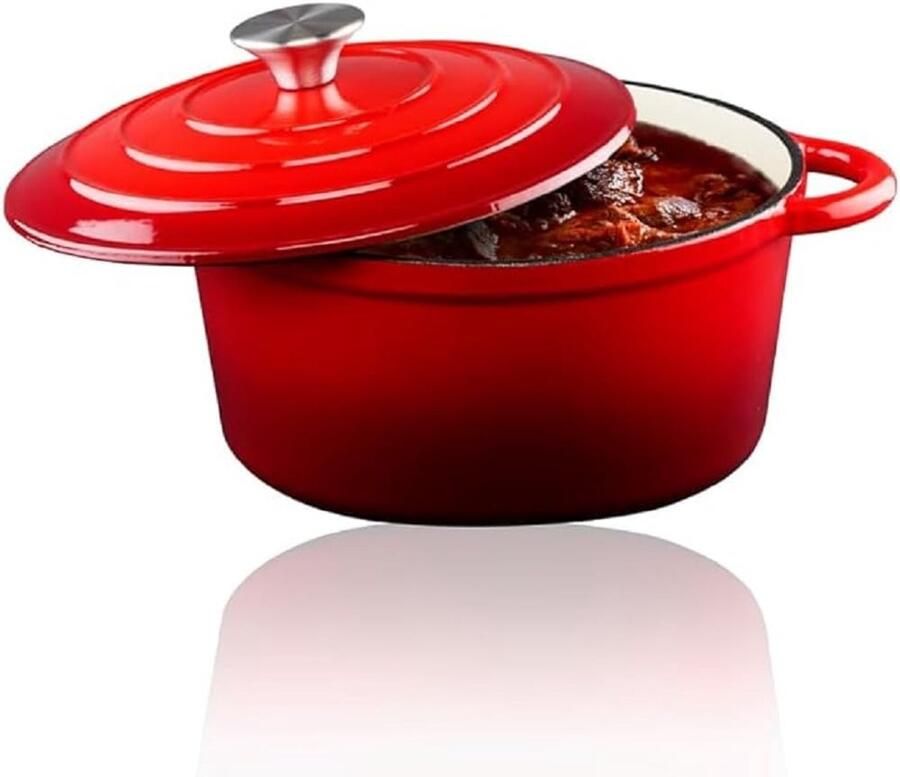 Braadpan Gietijzer Stoofpan Deksel Langzaam Garen Gelijkmatige Warmte Diameter 24cm Rood