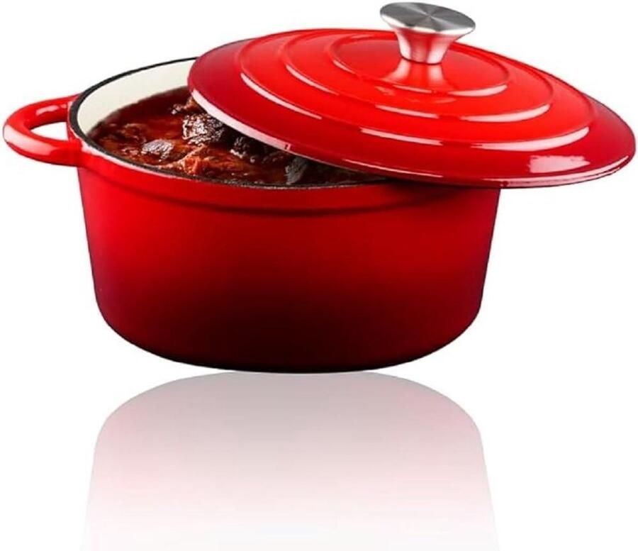 Braadpan Gietijzer Stoofpan Deksel Langzaam Garen Gelijkmatige Warmte Diameter 24 cm Rood