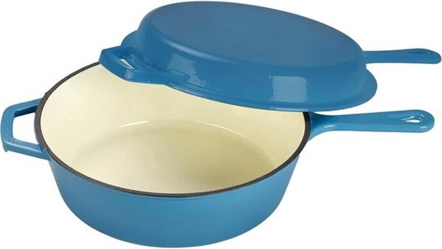 Braadpan en hapjespan Gietijzeren pan Koken op warmtebronnen 2-in-1 combifunctie 2.5 Liter Lichtblauw
