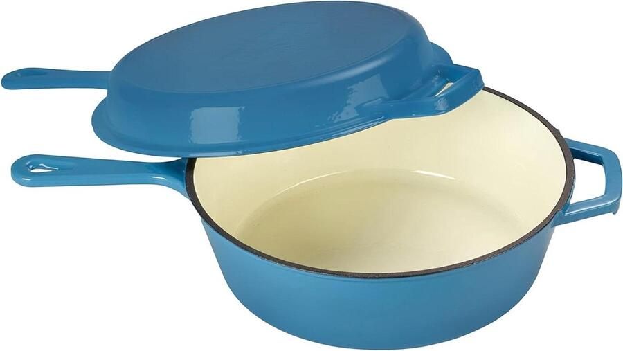 Braadpan Hapjespan Gietijzeren pan Culinaire bereidingen 2-in-1 functie 2.5 liter Lichtblauw