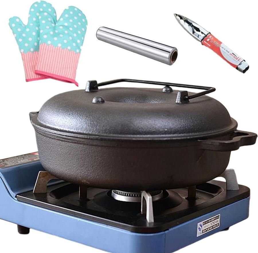 Braadpan Gietijzer Kookpan Oven Gelijkmatig Koken Dubbele Luchtstroom 26x26 cm Zwart