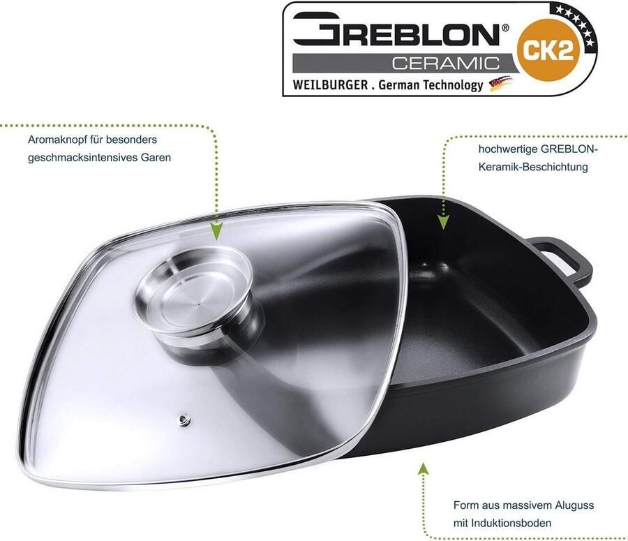 Braadpan met deksel Gegoten aluminium pan Langzaam garen Aroma knop 35 x 28 cm Grijs