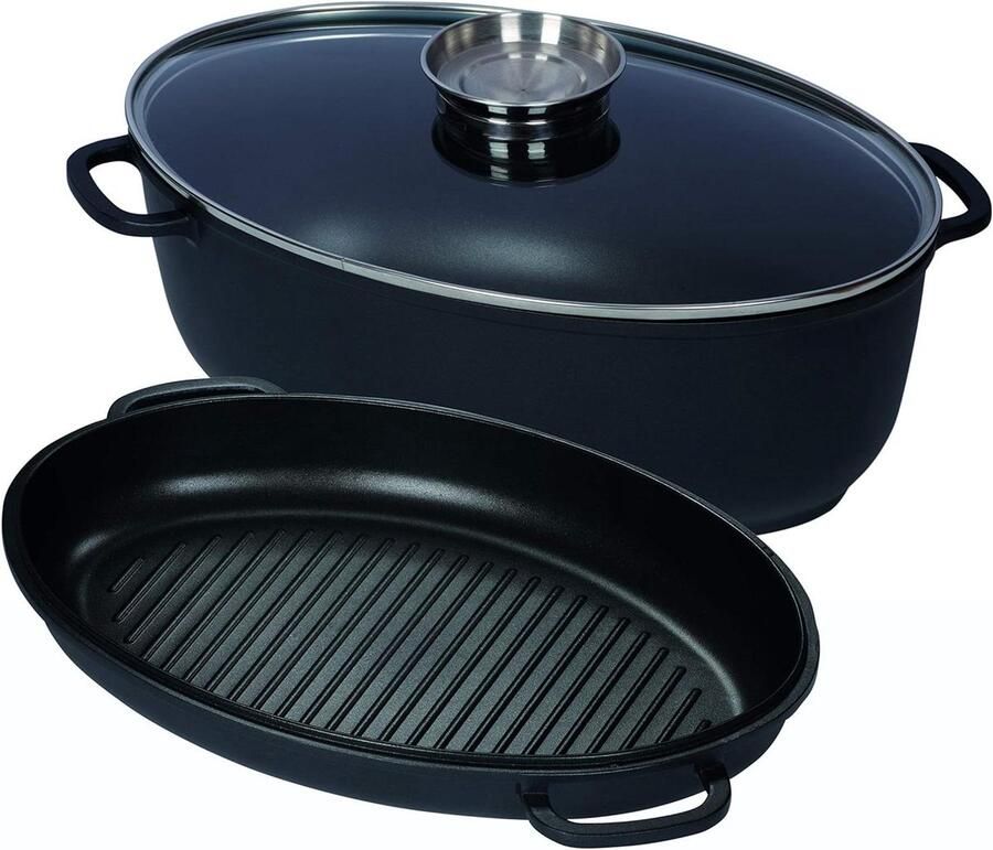 Braadpan met deksel Gegoten aluminium pan Langzaam garen Inclusief grillpan deksel 8 liter Zwart
