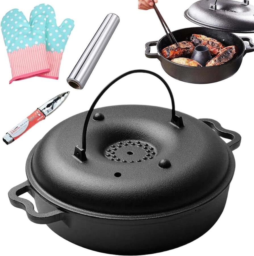 Braadpan met deksel Gietijzeren pan Gelijkmatig koken Snelle warmtegeleiding 309 x 309 cm Zwart