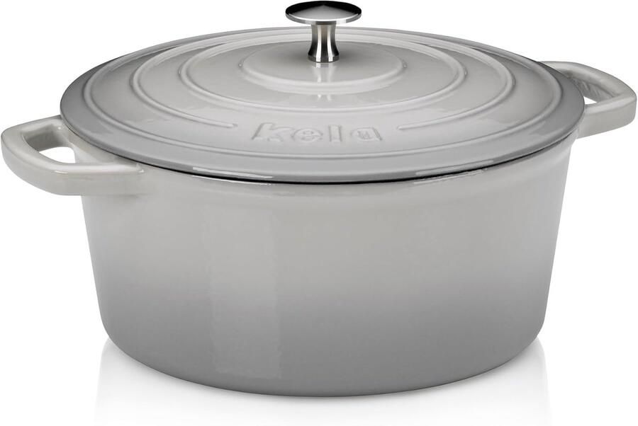 Braadpan Met Deksel Gietijzeren Pan Langzaam Garen Hoge Warmteopslag 6 Liter Grijs