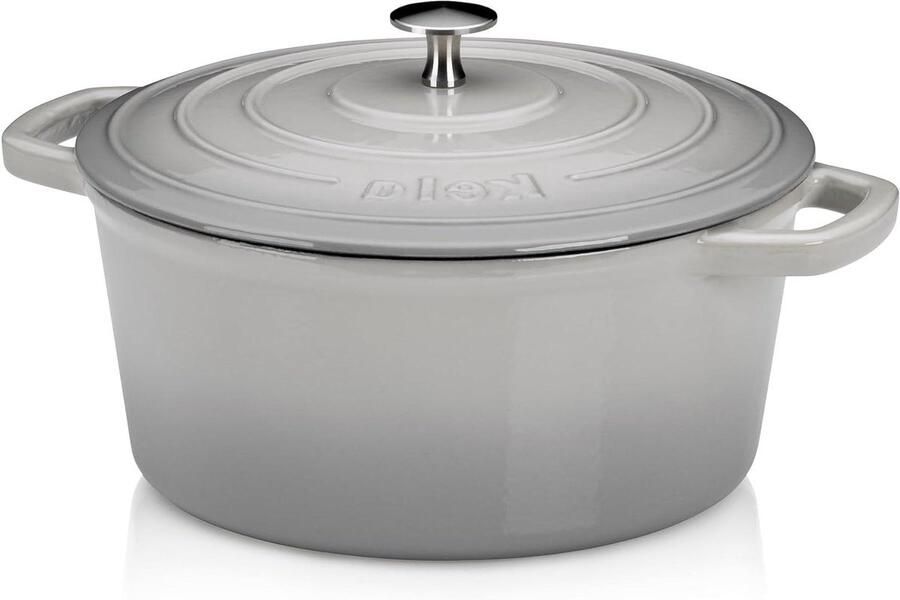Braadpan met deksel Gietijzeren pan Langzaam garen Hoge warmteopslag 6 Liter Grijs