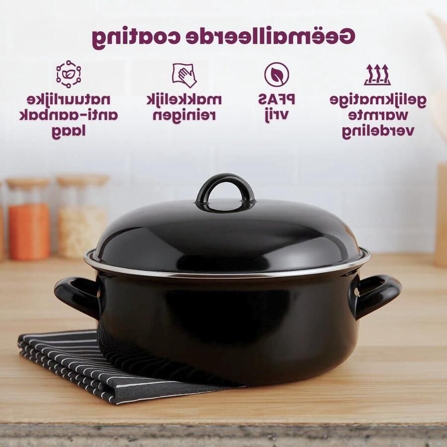 Braadpan met deksel Stoofpan Emaille Langzaam Garen Gelijkmatige Warmte 22 cm 2 Liter Zwart