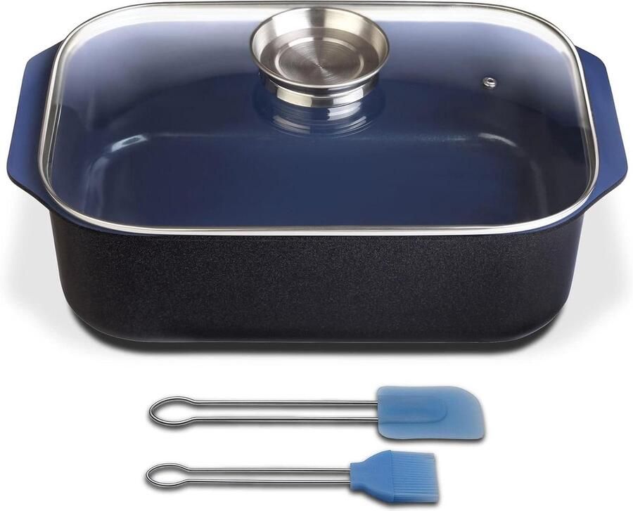 Braadpan met Deksel Stoofpan Kookpan Gelijkmatig Koken Keramische Coating 40x26x11cm Kobaltblauw