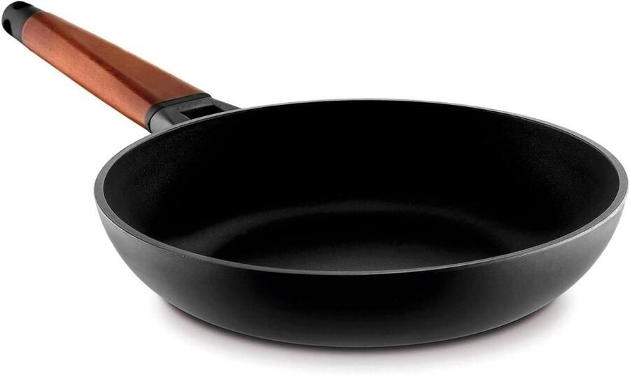 Braadpan met handvat Gegoten aluminium pan Gelijkmatig koken Afneembaar houten handvat 30 cm Meerkleurig
