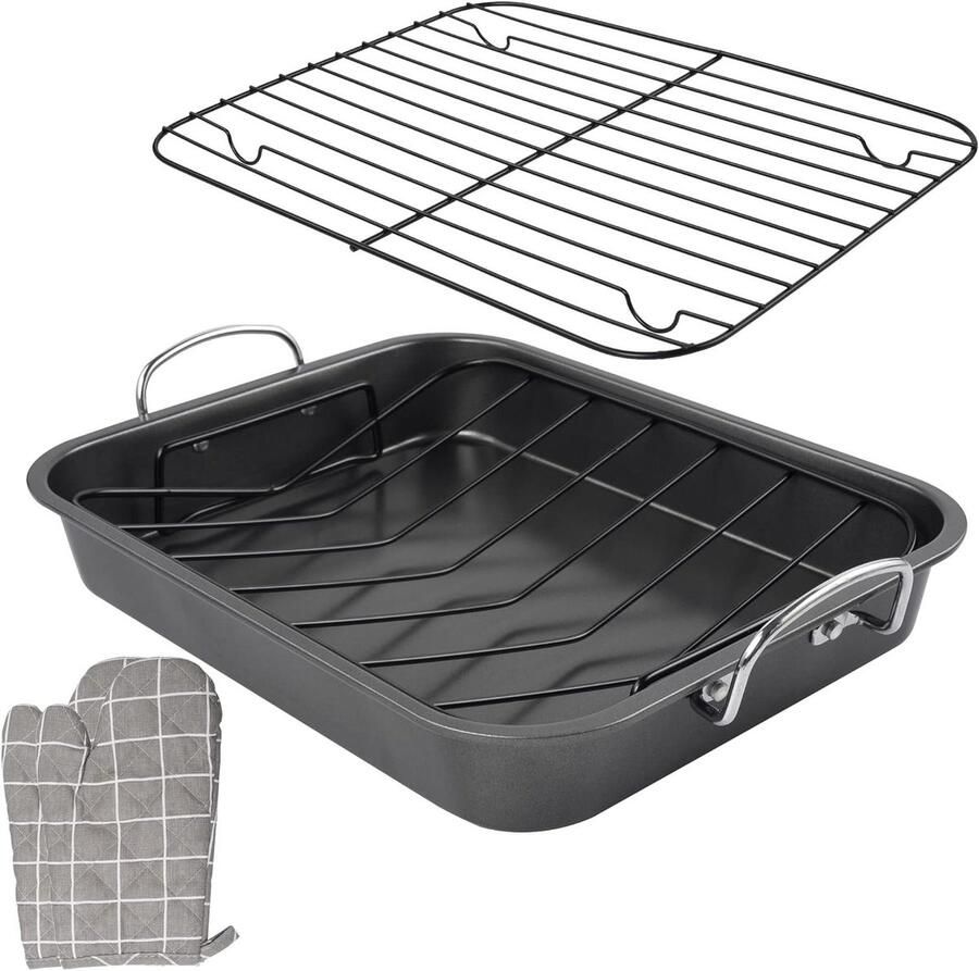 Braadpan met rek Roosterpan Bakplaat Oven Gebruik Antiaanbaklaag 40x29 cm Grijs