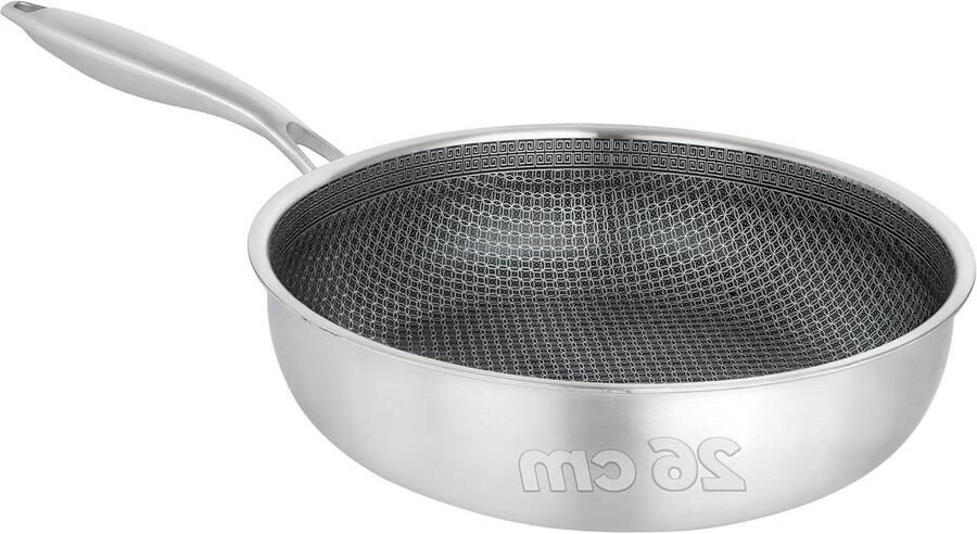 Braadpan Roestvrij Staal Antiaanbakpan Hoge Rand Veelzijdig Koken PFOA-Vrije Coating 26 cm Zwart