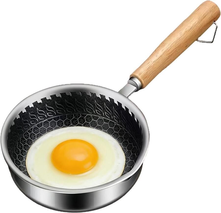 Braadpan Roestvrij Staal Kleine Koekenpan Eieren Bakken Ergonomische Houten Greep 14 cm Diameter Zilver