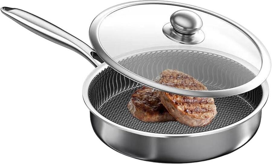 Braadpan Roestvrij Staal Koekenpan met Deksel Koken en Braden Gelijkmatige Warmteverdeling