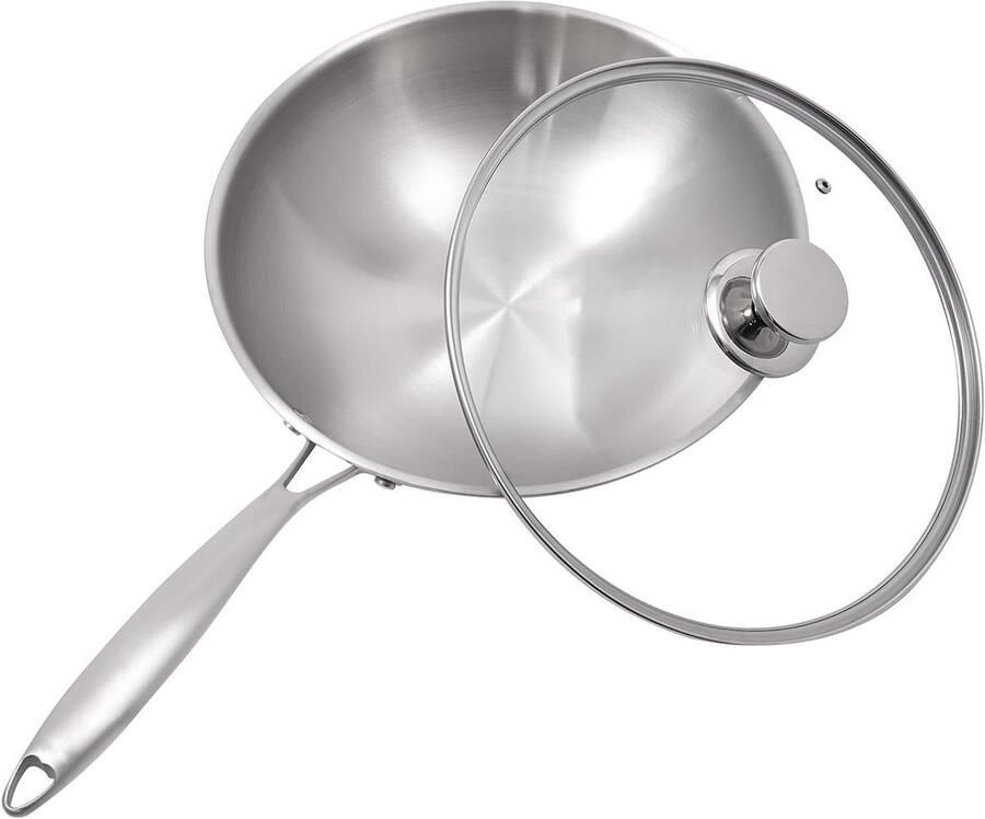Braadpan Roestvrij Staal Wokpan Inductie Moeiteloos Koken Gehard Glazen Deksel 30 cm Zilverkleurig