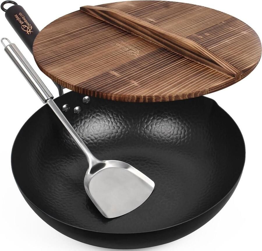 Braadpan Wokpan Chinese Pan Koolstofstaal Koken en Braden Voorbehandeld Direct Gebruik 34 cm 7 Liter Zwart