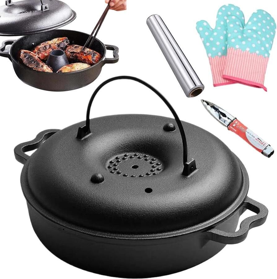 Braadpan Met Deksel Gietijzeren Pot Gelijkmatig Koken Voedingsstoffen Behoudend 30.9 x 30.9 cm Zwart