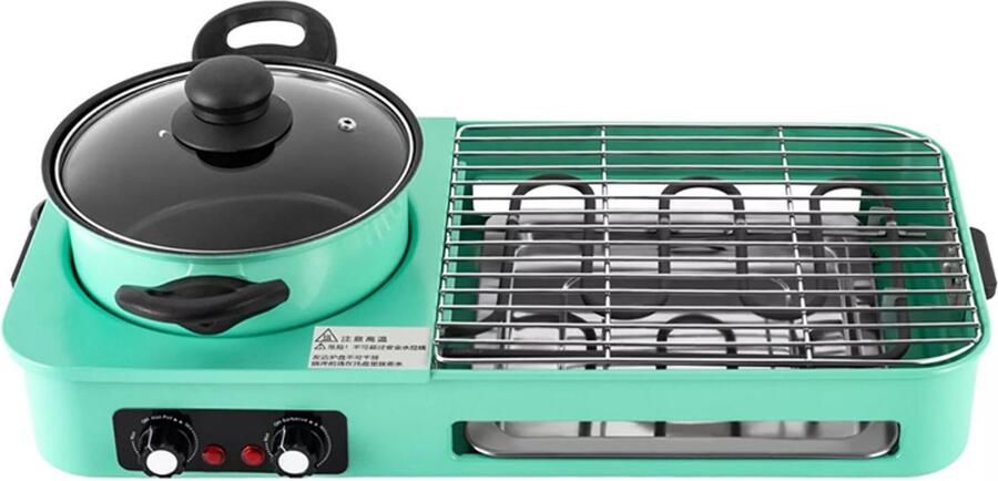 Bregico Hot Pot Kookpot Met Deksel Bakpan Grillplaat 3 In 1 Grillcombinatie Elektrisch Bakplaat Groen