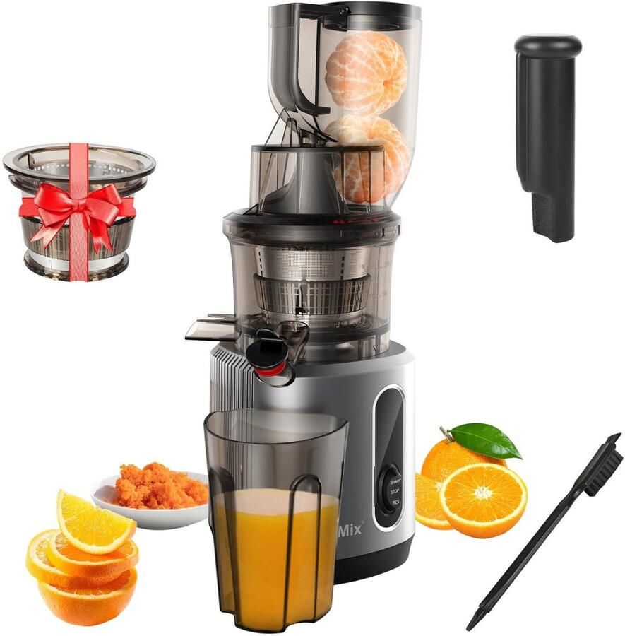 Bregico Sapcentrifuge Fruitpers Slowjuicer Elektrisch Voor Fruit En Groenten Brede Vul Opening Grijs