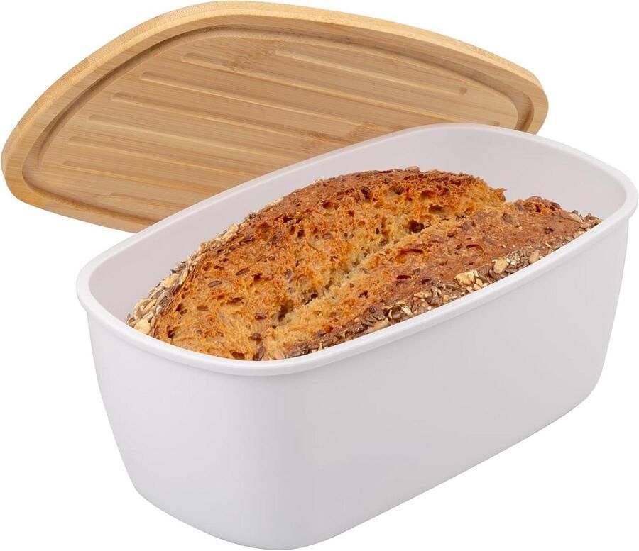 Bremermann Broodtrommel ovaal met bamboedeksel broodtrommel met snijplank broodpot (43071 wit)