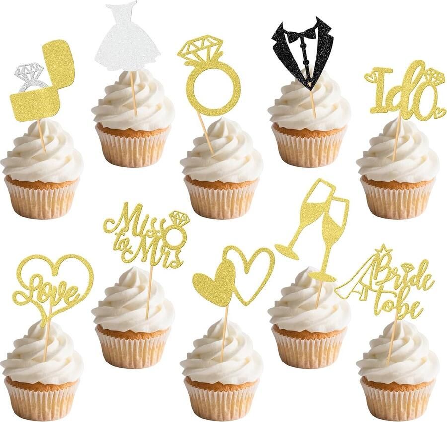 Bride to Be cupcake-topper hart diamantring taartdecoratie voor verloving bruiloft bruidsdouche party 30 stuks (goud)