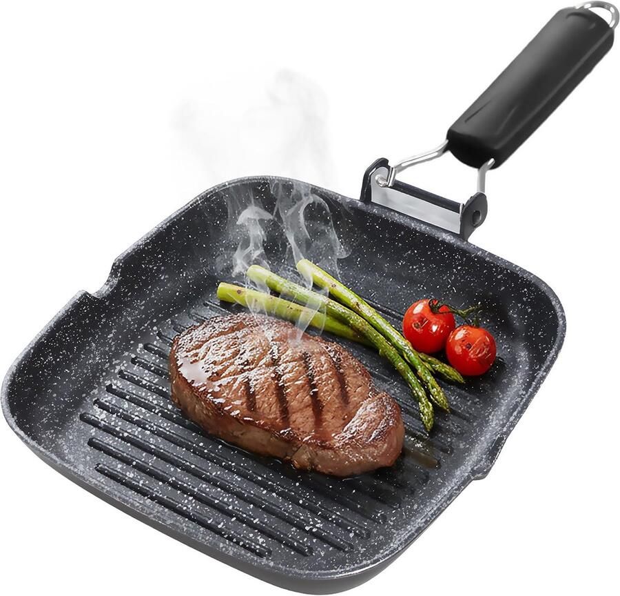 Briebe Zwarte titanium grill streep rotisserie inductie anti-aanbak titanium koekenpan 20 x 20 cm gegoten aluminium zonder PFOA inklapbare handgreep geschikt voor glaskeramiek gas