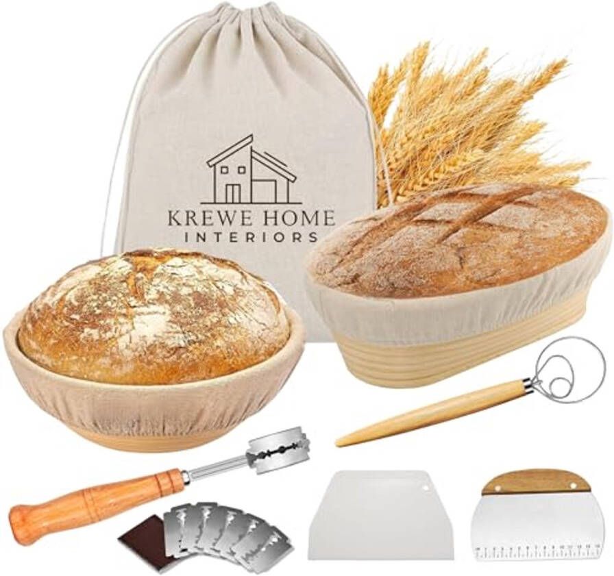 Brodemand Set van 2 Ronde en Ovale 25 4 cm met Deegschraper en Linnen Voering Ideaal voor Zuurdesem