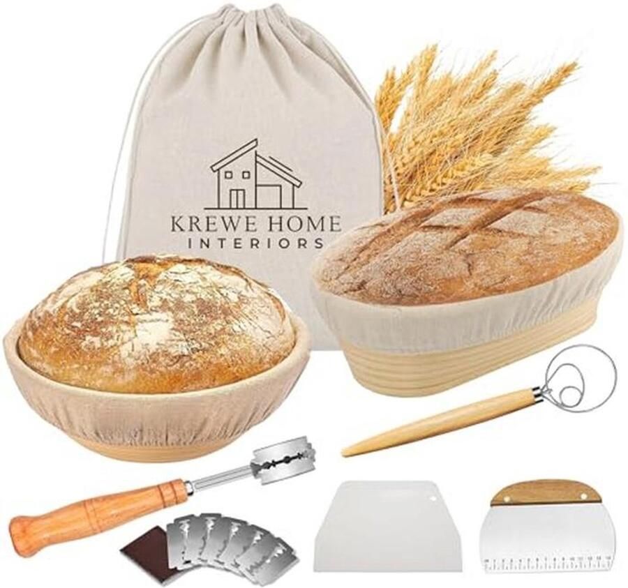 Brodemand Set van 2 Ronde en Ovale 25 4 cm met Deegschraper en Linnen Voering Ideaal voor Zuurdesem