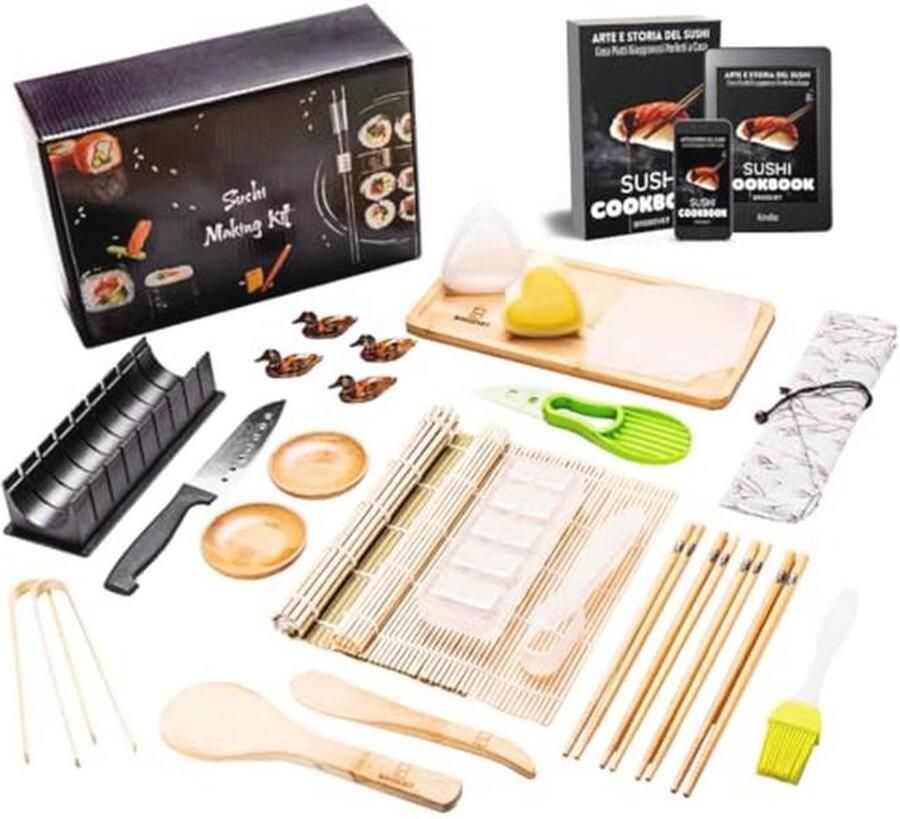 Brodevet Sushi Set 2025 – 29-delig met praktische gids receptenboek Onigiri-vorm bamboetapijt Sushi Go Chinese toverstaf en accessoires voor sojasaus