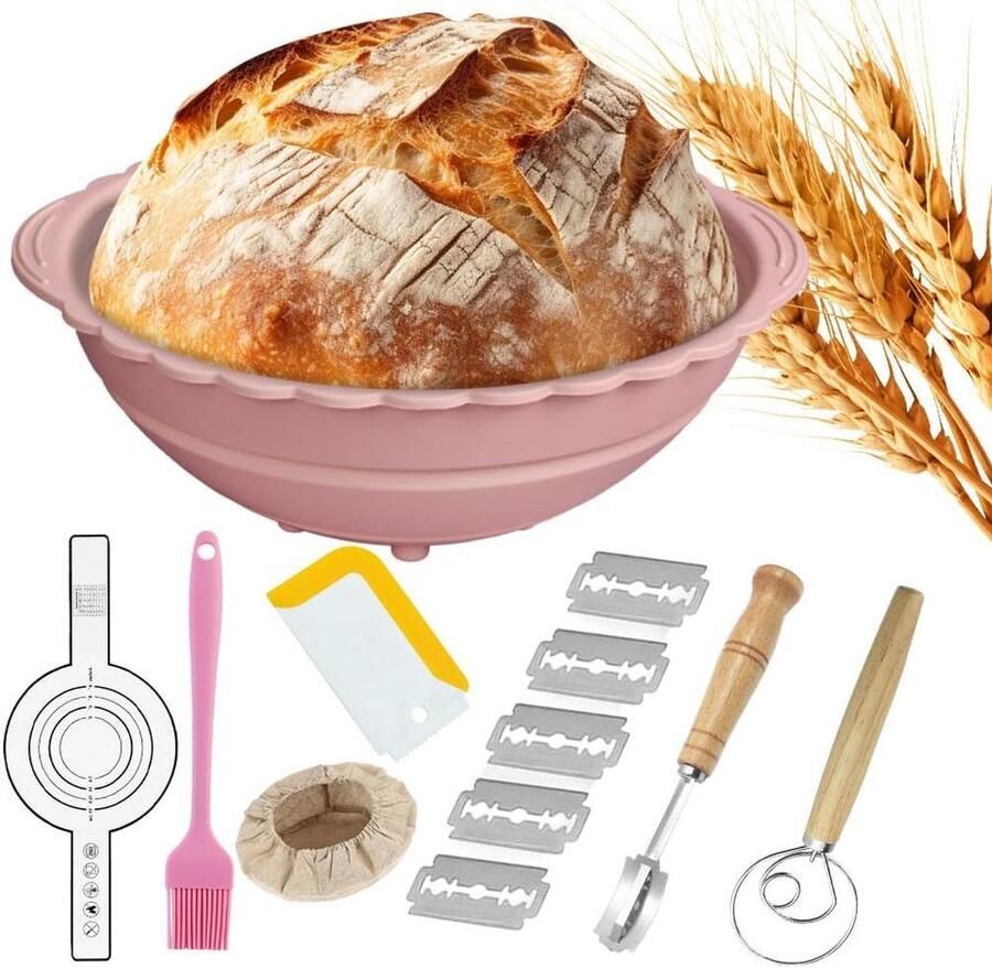 Brood Rijsset Zuurdesem Starterkit Zelf Brood Bakken Compleet met Gereedschap Ronde Mand Roze
