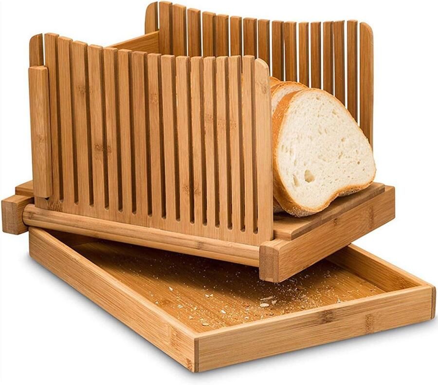Brood Snijmachine Broodplank met geleider Gelijkmatig Brood Snijden Opvangbak voor kruimels Opvouwbaar ontwerp Natuurlijk Bamboe