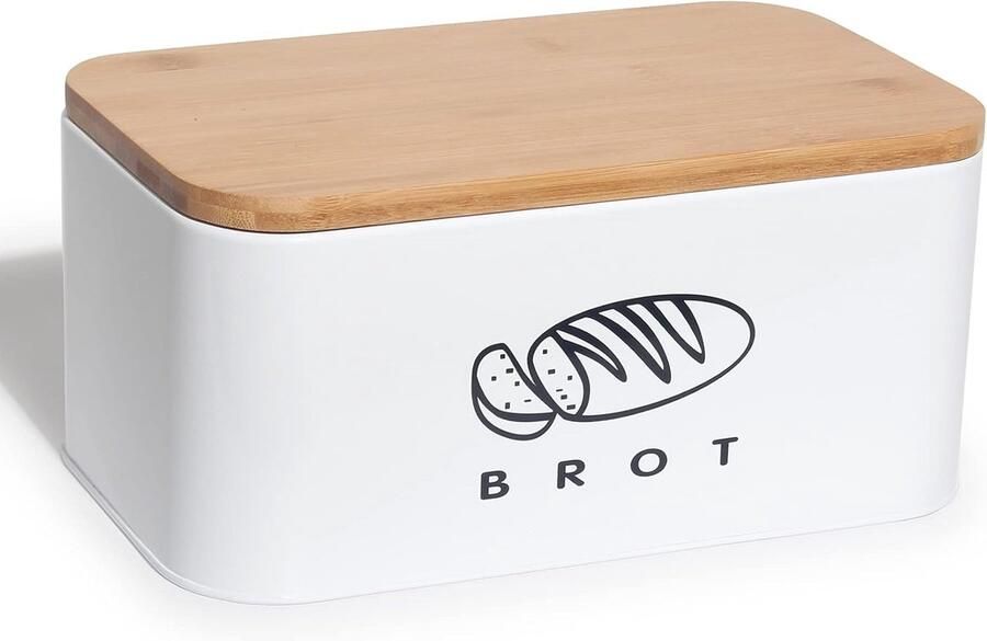 Broodbak met deksel Broodtrommel metaal Brood vers houden Deksel als snijplank 30x18x14 cm Wit