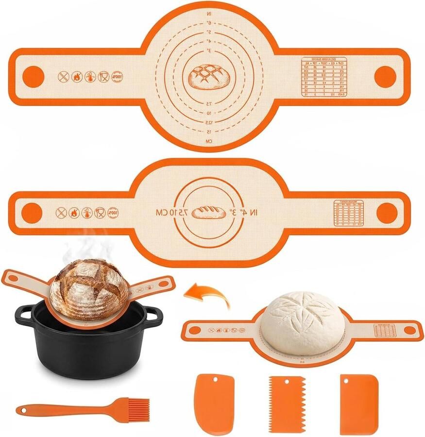 Broodbakmatset van 3 siliconen bakmatset voor Dutch Oven met lange handgrepen herbruikbare broodbakmat met 3 deegschrapers en bakborstels anti-aanbaklaag en hittebestendig oranje
