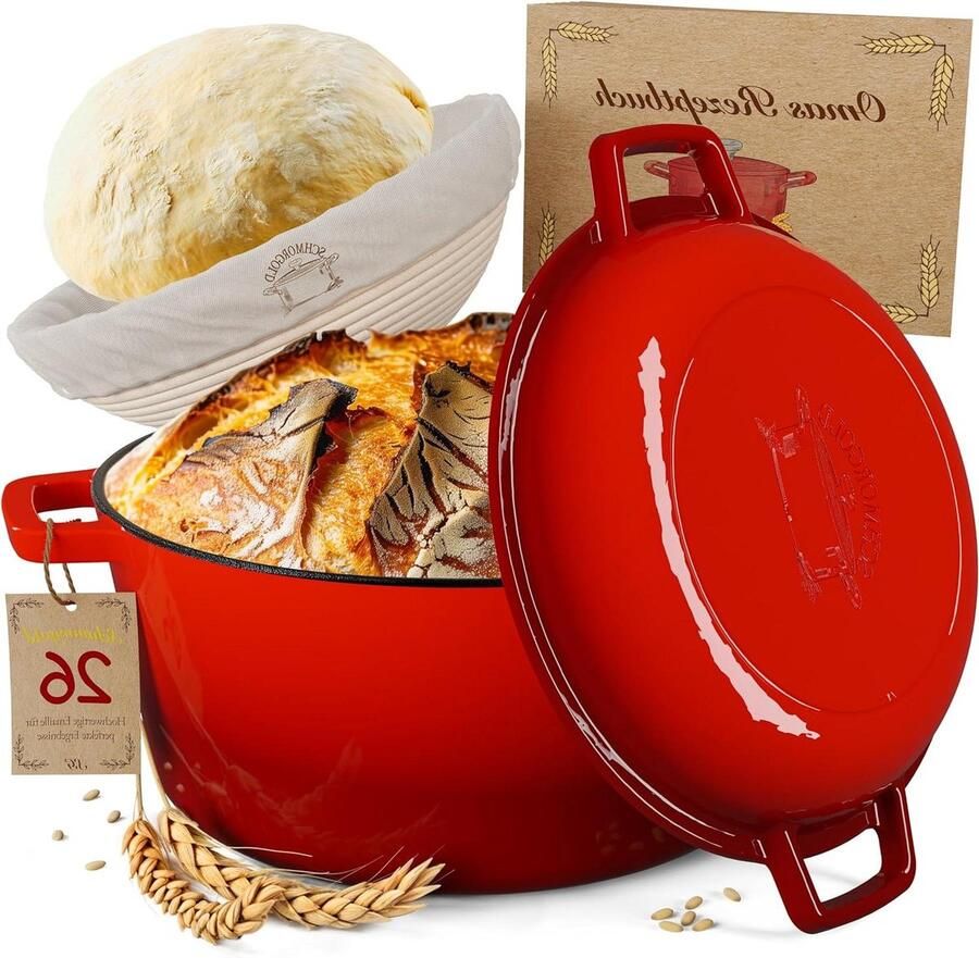 Broodbakvorm met mand Gietijzeren pan Brood Bakken Gelijkmatige warmteverdeling 26 cm Rood