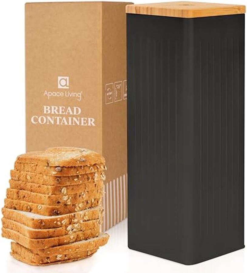 Broodcontainer met Luchtdichte Deksel Metalen Broodtrommel met Bamboe Deksel 5 Liter (Zwart)