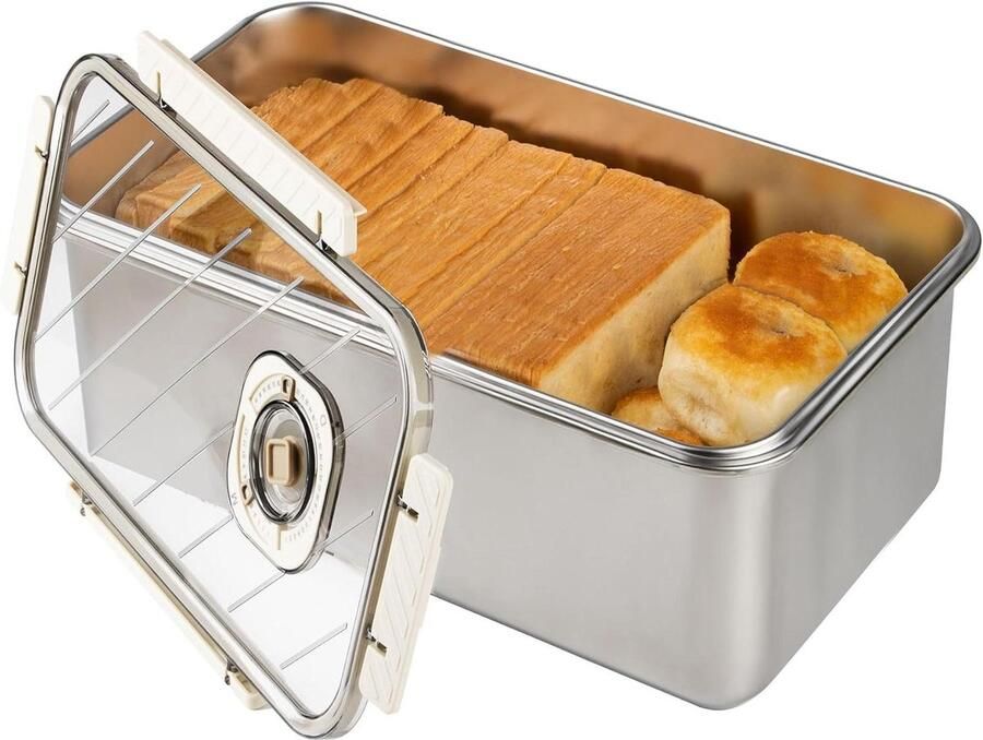 Broodcontainer met Tijdregistratie Broodtrommel Roestvrijstaal Brood Vers Houden Luchtdicht Deksel 13.25 x 7.1 x 5.1 inch