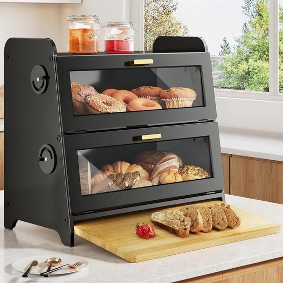 Brooddoos Broodcontainer Keuken Brood Vers Houden Met Bamboe Snijplank 15.7 L x 9.9 B Zwart