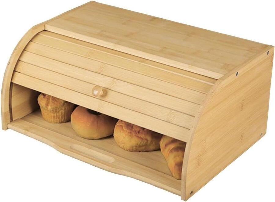 Brooddoos Broodtrommel Broodbak Bamboe Broodtrommel Ruimtebesparende Rustieke Broodtrommel Met Roldeksel Voor Op Het Aanrecht Brood Cake En Gebakken Brood Opbergen Broodopslagcontainer Broodbox