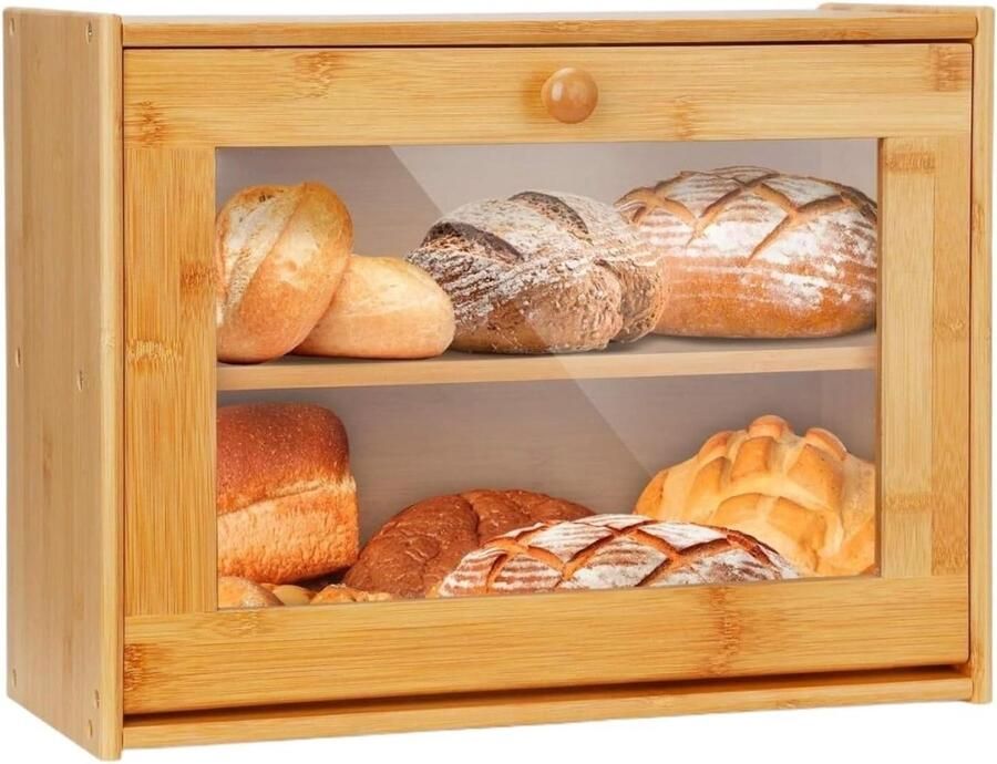Brooddoos Broodtrommel Broodbak Bamboe Broodtrommel Voor Op Het Aanrecht 2-laags Keukenopslagpot Met Neerklapbaar Acrylvenster Aan De Voorkant Broodopslagcontainer Broodbox