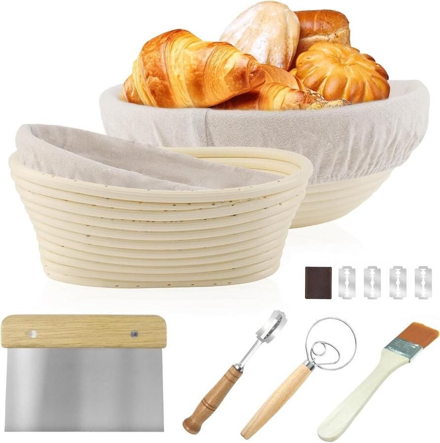 Broodmanden set van 2 natuurlijk rotan met linnen voering ideaal voor brooddeeg pizza en gebak (rond 23 cm en ovaal 21 cm)