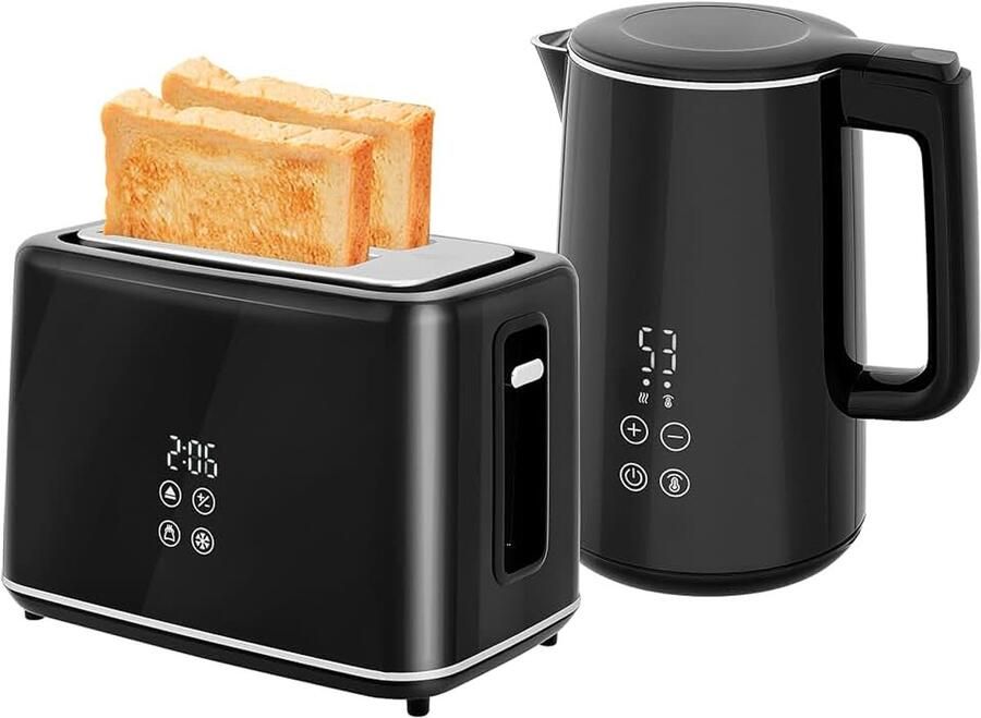 Broodrooster 1 5 l waterkoker voor 2 toasts 2200 W ontbijtset met 7 bruiningsniveaus ontdooi- en opwarmfunctie automatische uitschakeling en led-display zwart