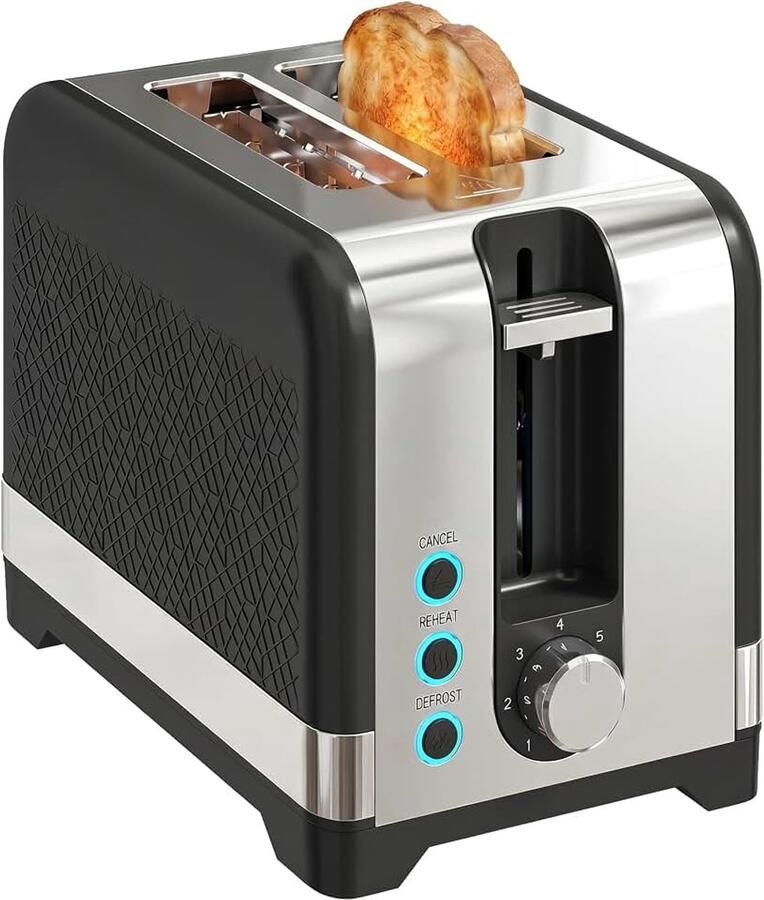 Broodrooster 2 schijven 7 bruiningsniveaus opwarmen 930 W zwart ontdooien afbreken broodjesopzetstuk zelfcentrerende sleuven automatische uitschakeling kruimellade warmterooster