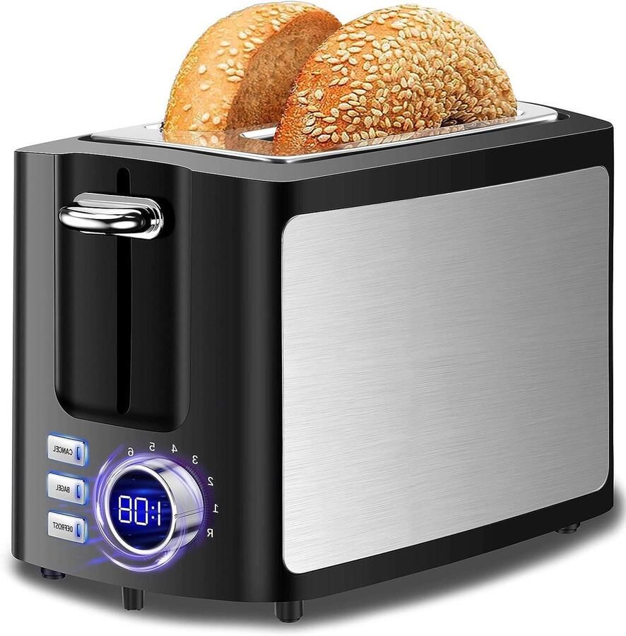Broodrooster 2 sneden Digitale toaster Ontbijt maken Brede sleuven 9 bruiningsniveaus Zwart