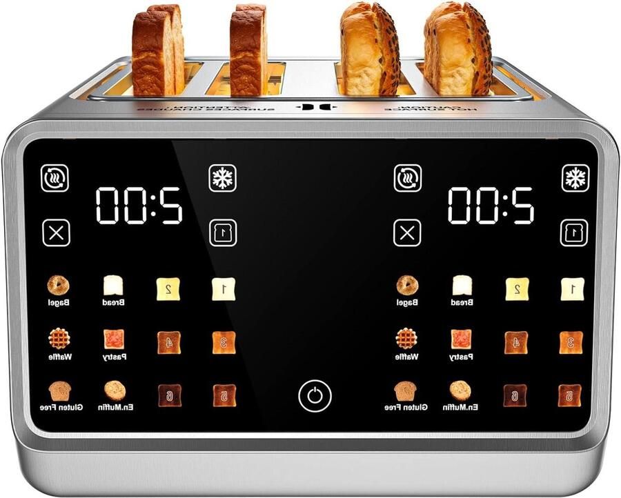 Broodrooster 4-Sleufs Digitale Broodrooster Ontbijt Bereiden Touchscreen Bediening 1800 Watt Roestvrij Staal