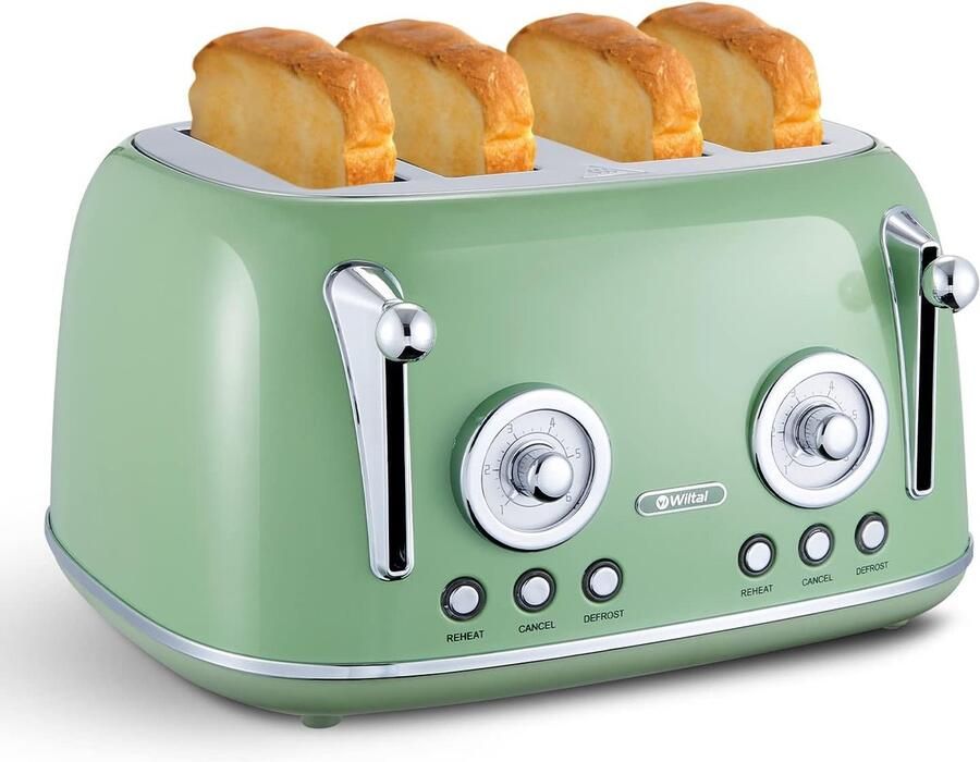Broodrooster 4 Sneden – Retro Design – 6 Bruiningsstanden – Ontdooifunctie – Brede Sleuven – Groen