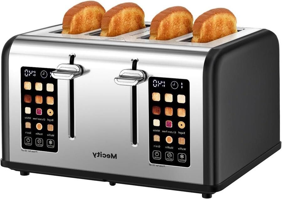 Broodrooster 4 Sleuven RVS Toaster Ontbijt Bereiden Dubbele Bediening Touchscreen 4 Bakjes Zwart