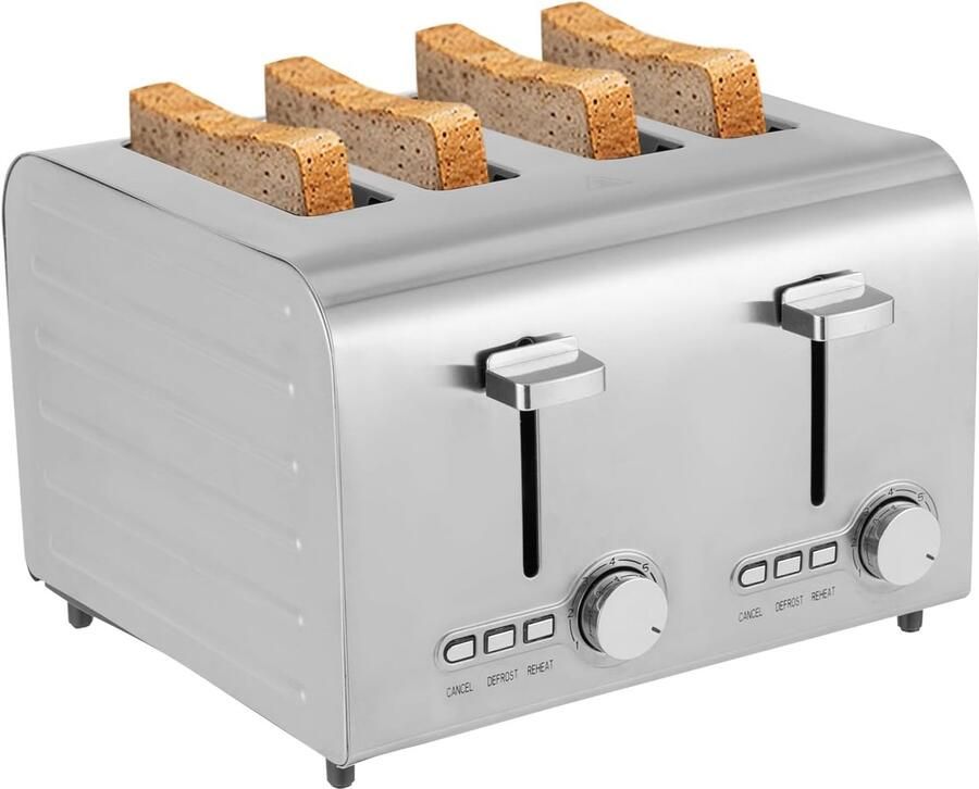 Broodrooster 4 Slices Rooster Broodmachine Ontbijt Bereiden Extra Brede Sleuven 1500W Zilver