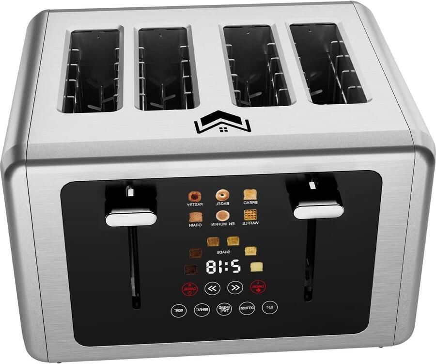 Broodrooster 4 sneden 4-slice toaster Dubbele broodrooster Ontbijt bereiden Dubbel bedieningspaneel 38 cm brede sleuven