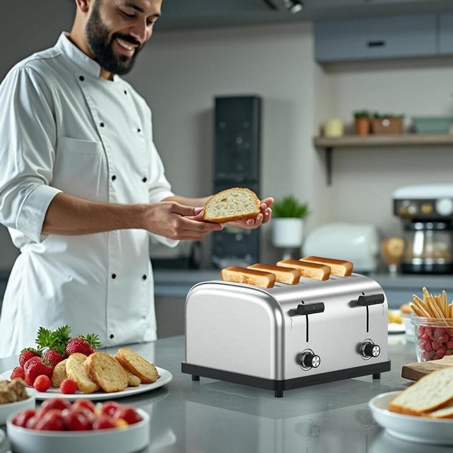 Broodrooster 4 Sneden Rooster Toastapparaat Ontbijt Maken 6 Bruiningsniveaus 33D x 27B x 23H cm Zilver