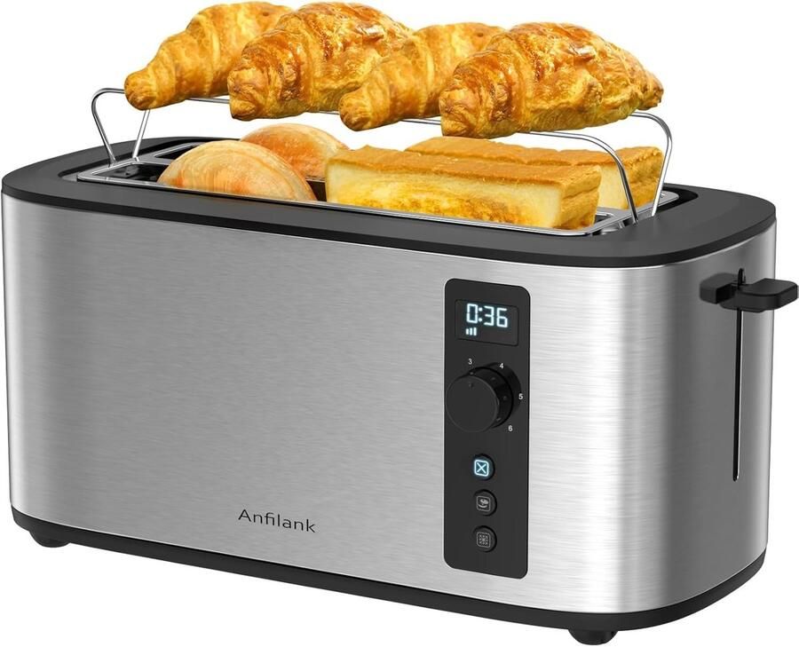 Broodrooster 4 sneetjes Extra brede sleuven Snel ontbijten Ingebouwd warmhoudrek 40 x 18.5 cm Roestvrij staal